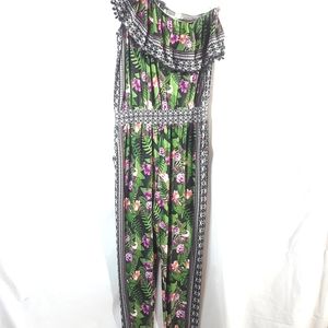 Inc floral pom pom edged one shoulder jumpsuit